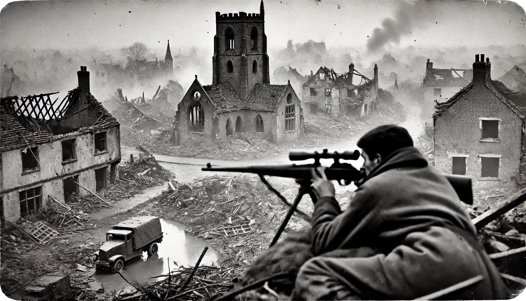 A devastated village in 1940s England during World War II, Dall-E