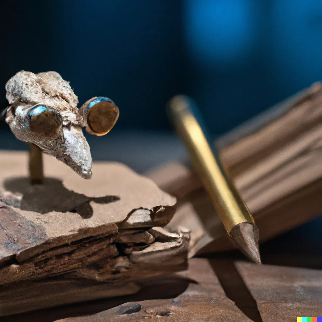 Series of surreal objects on a table in the library, Sigma 85mm f/1.4, dall-e