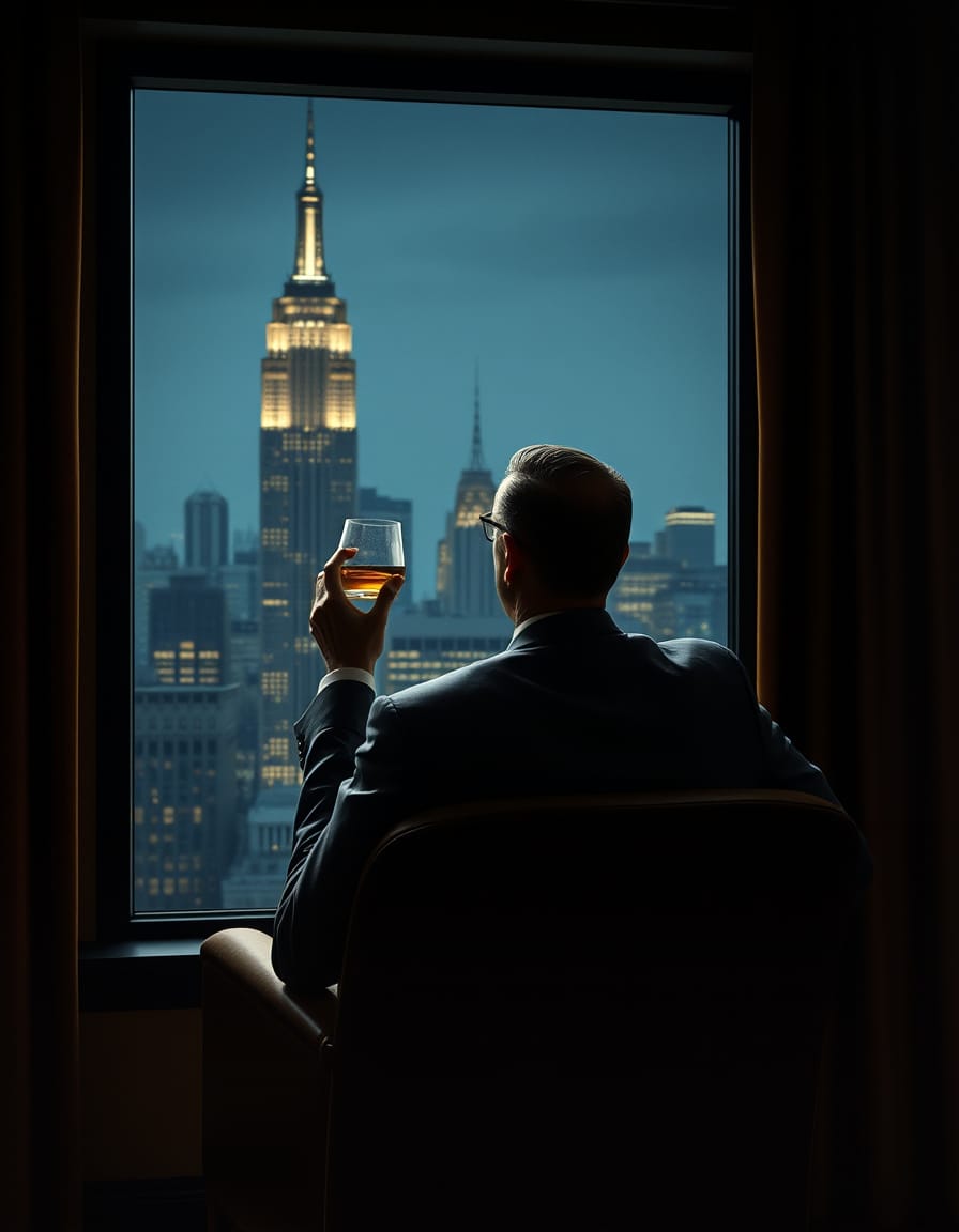 Don Draper looks out of a large window late at night, holding a glass of whiskey in one hand. He sits with one arm draped over the back of a long chair, viewed from behind. Outside the window, the skyscrapers of 1950s New York can be seen.