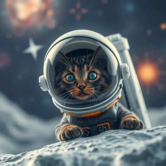 A cute and curious black cat astronaut has landed on the surface of the moon, wearing a space helmet larger than its body. The front window of the large, opaque helmet clearly reflects the moon's surface. The background features the cosmic galaxy and sparkling stars, creating a fantastical atmosphere. Close-up shot.