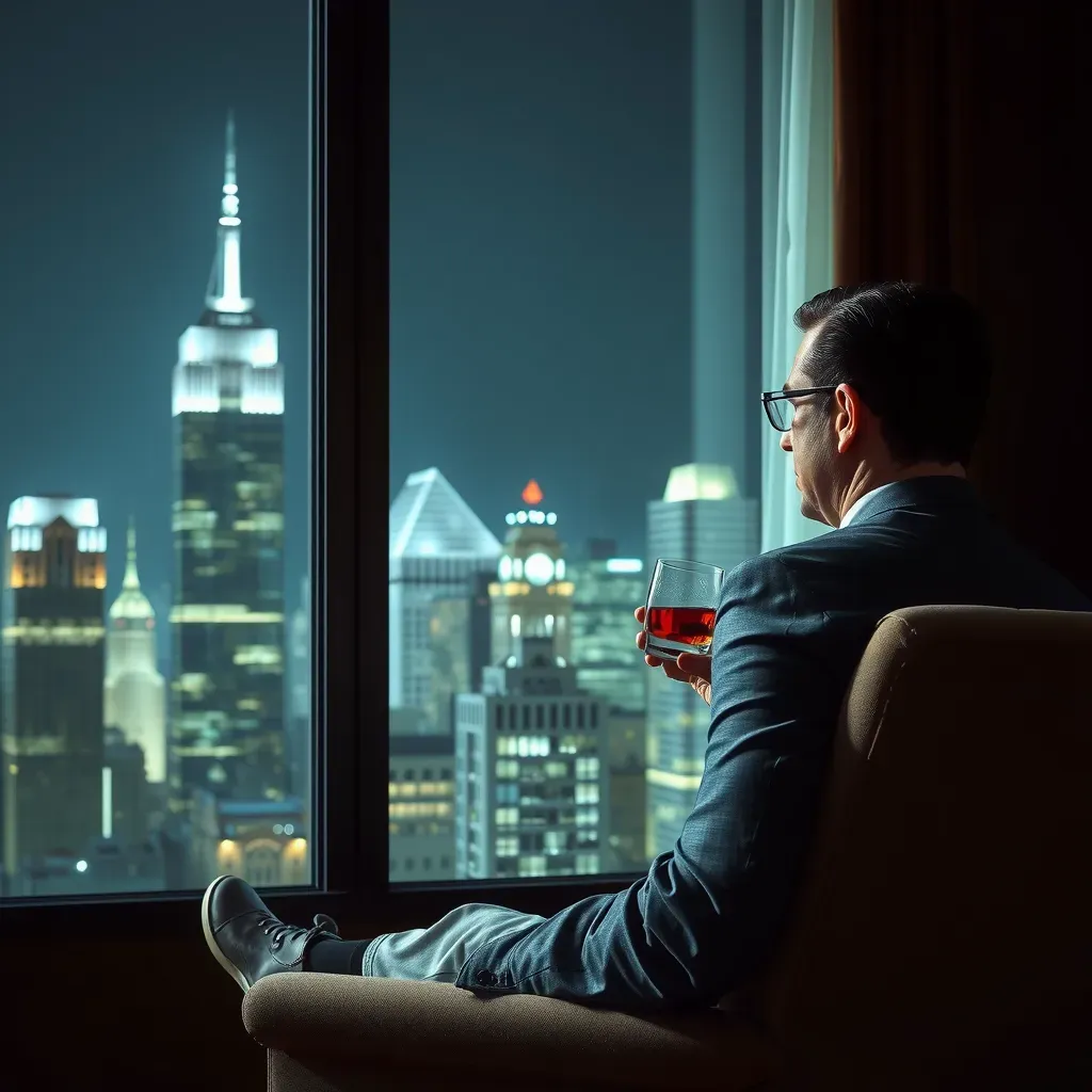 Don Draper looks out of a large window late at night, holding a glass of whiskey in one hand. He sits with one arm draped over the back of a long chair, viewed from behind. Outside the window, the skyscrapers of 1950s New York can be seen.