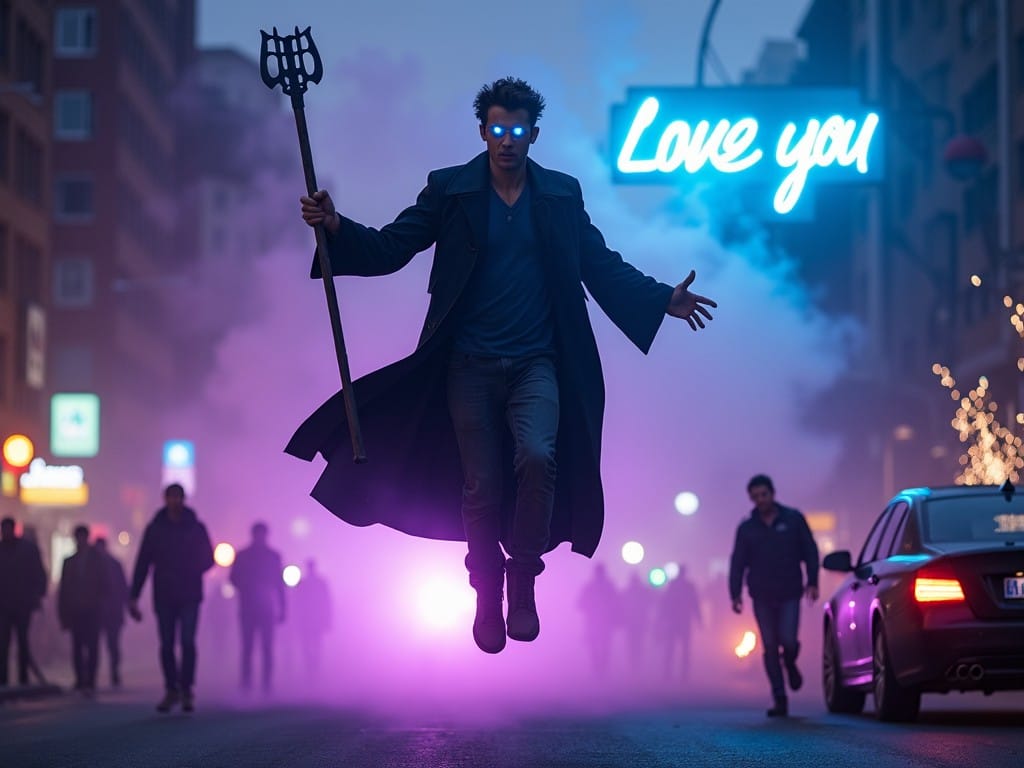 A furious young male wizard hovers 60cm above the ground on an avenue in Odessa, surrounded by a mysterious purple aura. His eyes emit a dark blue glow. He holds a long staff in one hand while the other is extended forward, aiming at something. In the background, panicked people and tangled vehicles are visible amidst the twilight. Sparks fly from a blue neon sign that reads "LOVE YOU" in cursive. The scene is captured in a dynamic shot.