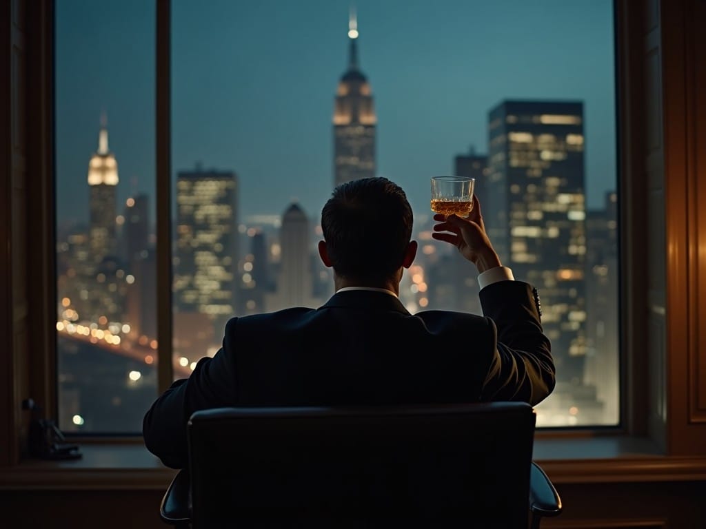 Don Draper looks out of a large window late at night, holding a glass of whiskey in one hand. He sits with one arm draped over the back of a long chair, viewed from behind. Outside the window, the skyscrapers of 1950s New York can be seen.