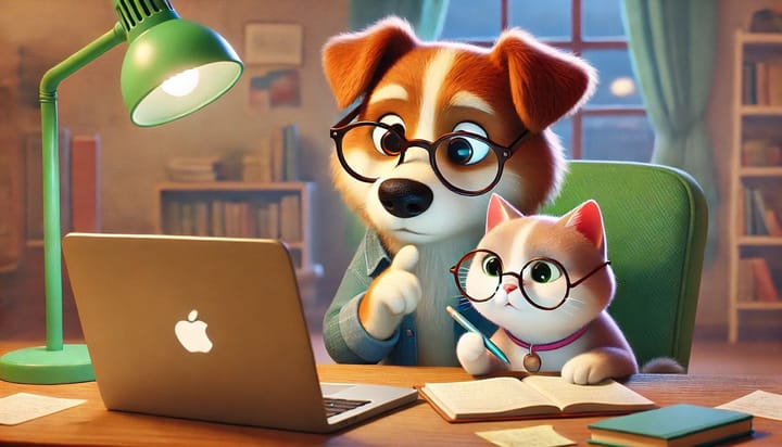 a dog and a cat studying, dall-e